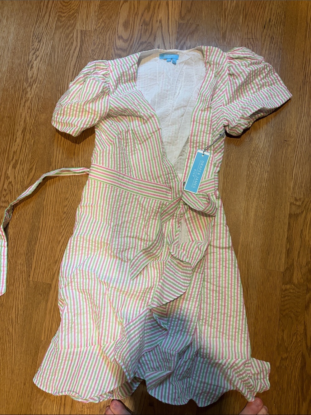 Draper James Pink and White Striped Wrap Dress with Ruffle Hem
